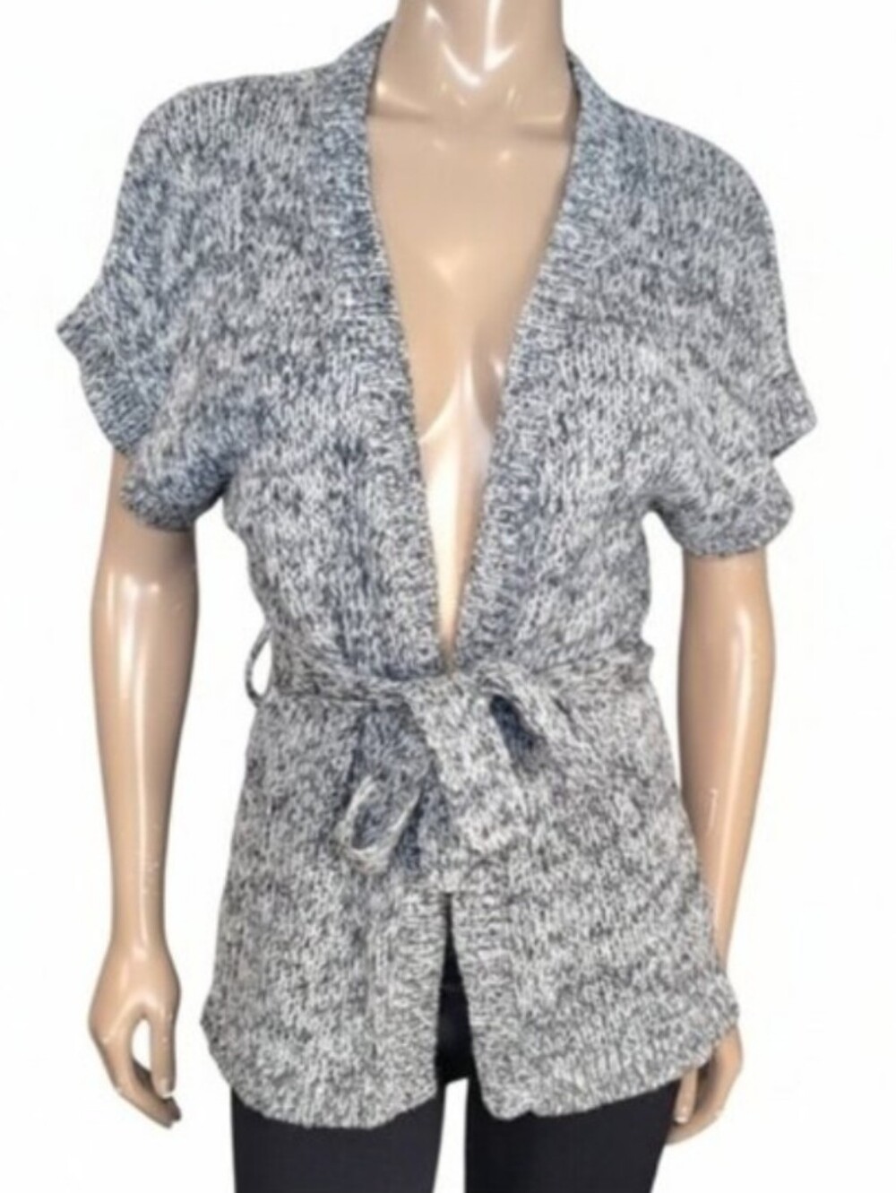 Old Navy Tie Front Cardigan Sweater Short Sleeve Gray Belted Wool Knit Size XS